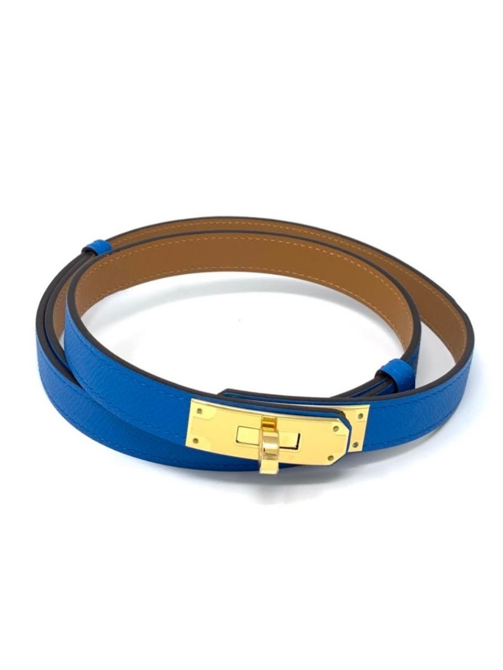 Hermes. Blue Kelly Gold Tone Hardware Belt